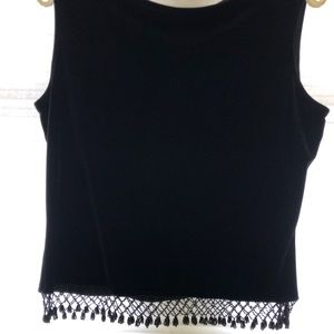Black Velvet sleeveless top with beaded tassel hem. Size L